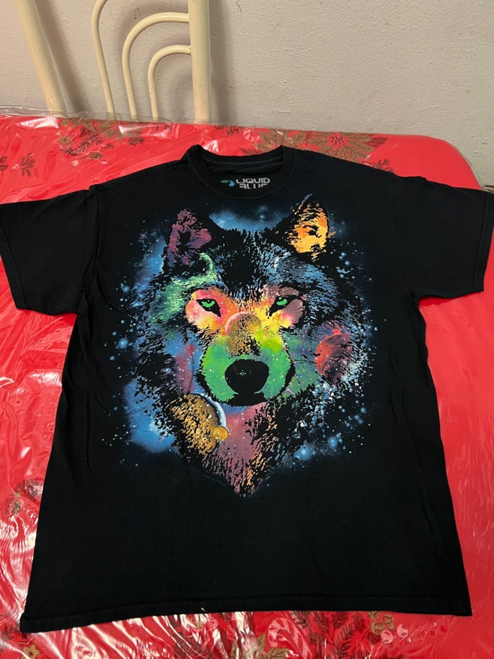 Liquid Blue Cosmic Wolf Mens Sz Large Black Psychedelic Cotton T-shirt